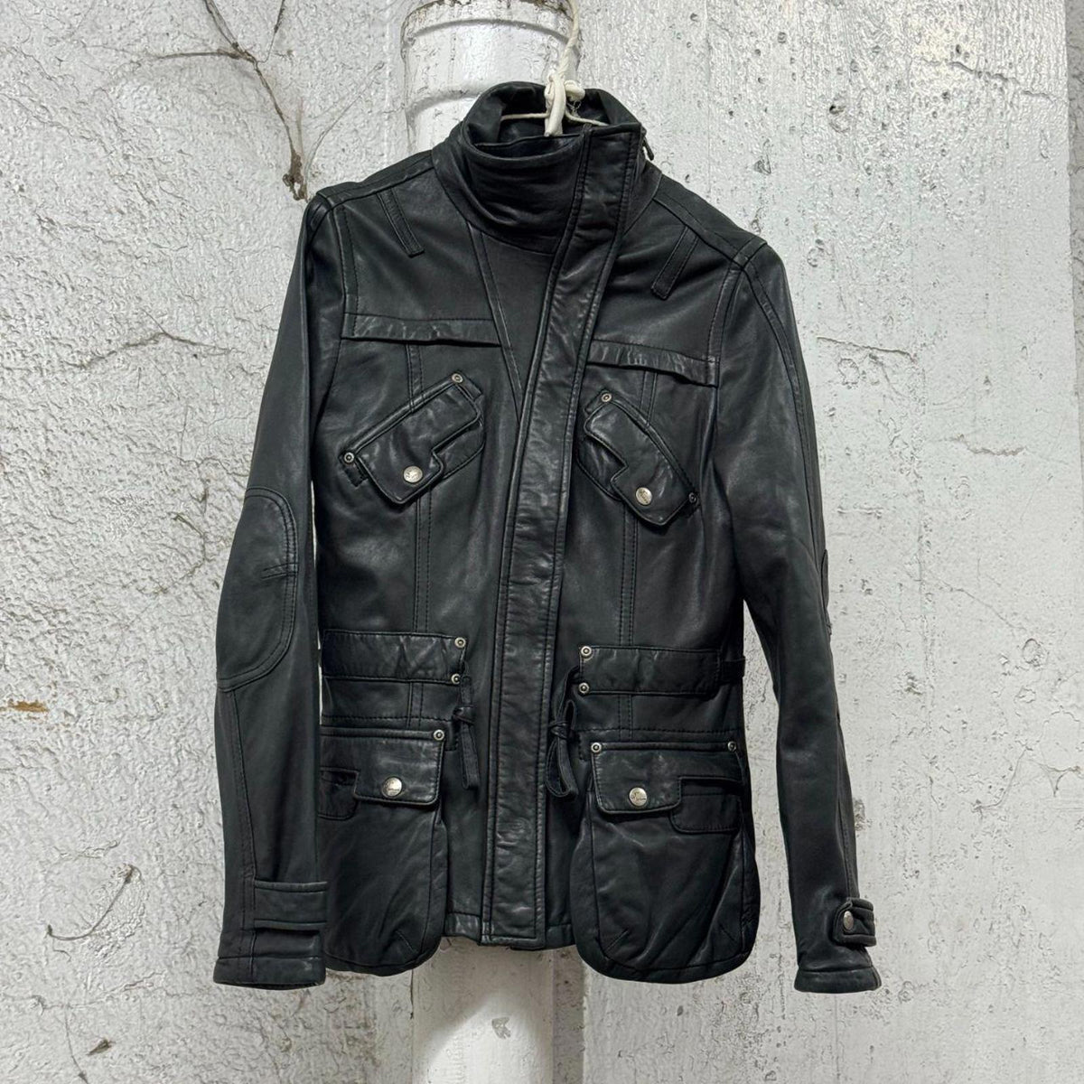 Vintage Technical "Cyber-Cargo" Funnel Neck Genuine Leather Jacket Black