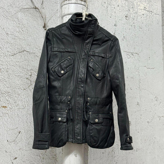 Vintage Technical "Cyber-Cargo" Funnel Neck Genuine Leather Jacket Black