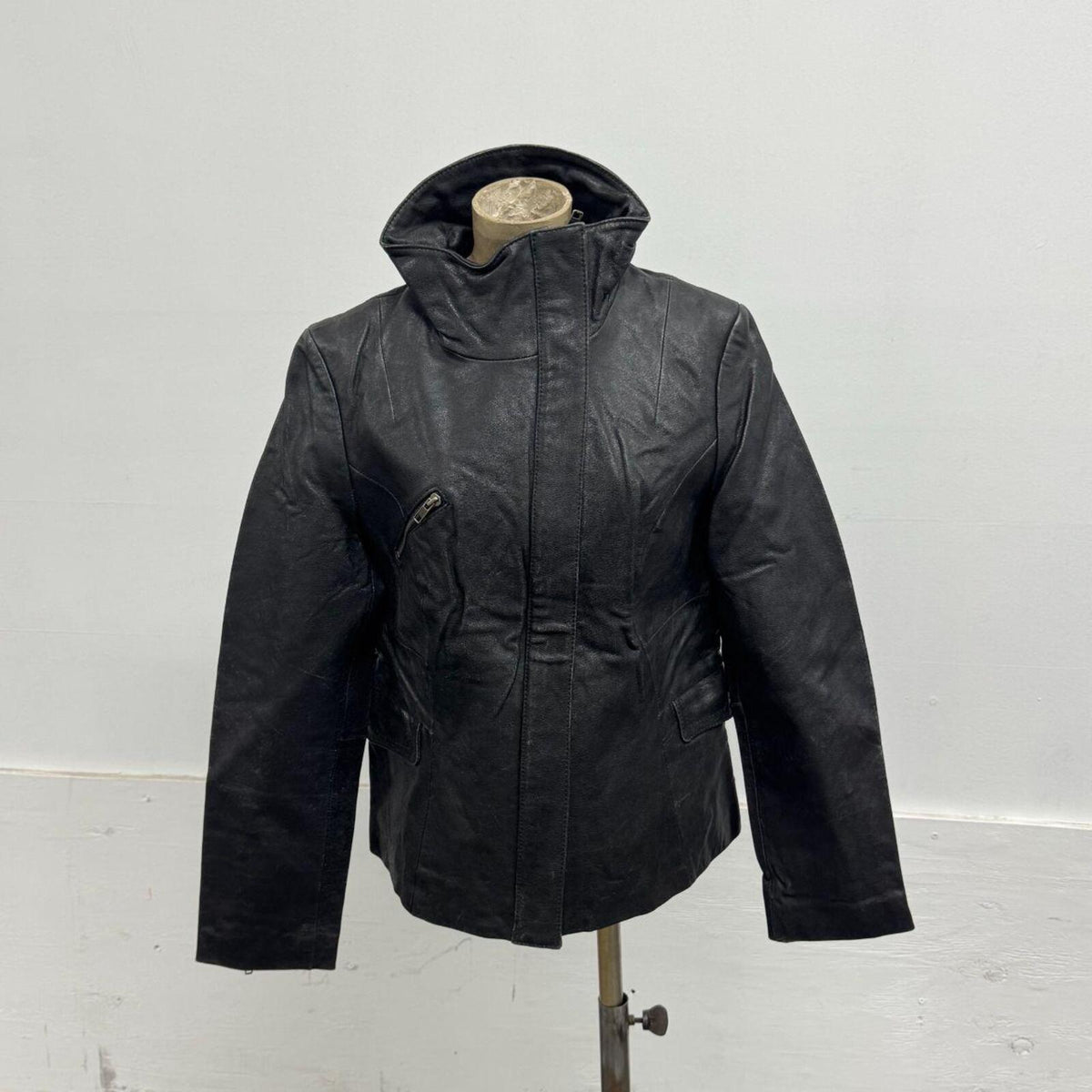 Vintage Next Woman Black Funnel Neck Leather Jacket XL