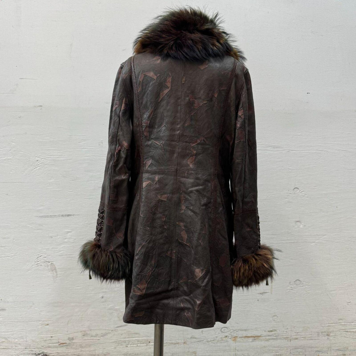 Vintage Y2K Brown Rainbow-Highlight Raccoon & Leather Coat