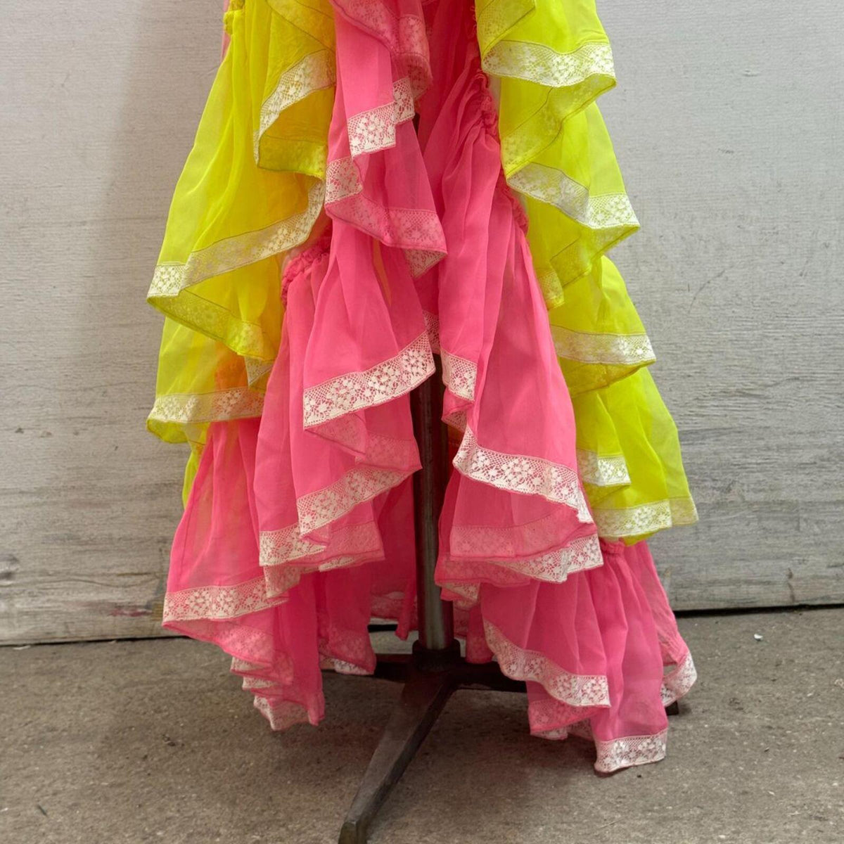Vintage Broadway Costume 70s Neon Ruffle Maxi Wrap Skirt
