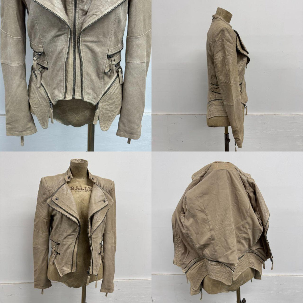 Vintage Beige Funnel Neck Multi-Way Avant Garde Leather Jacket