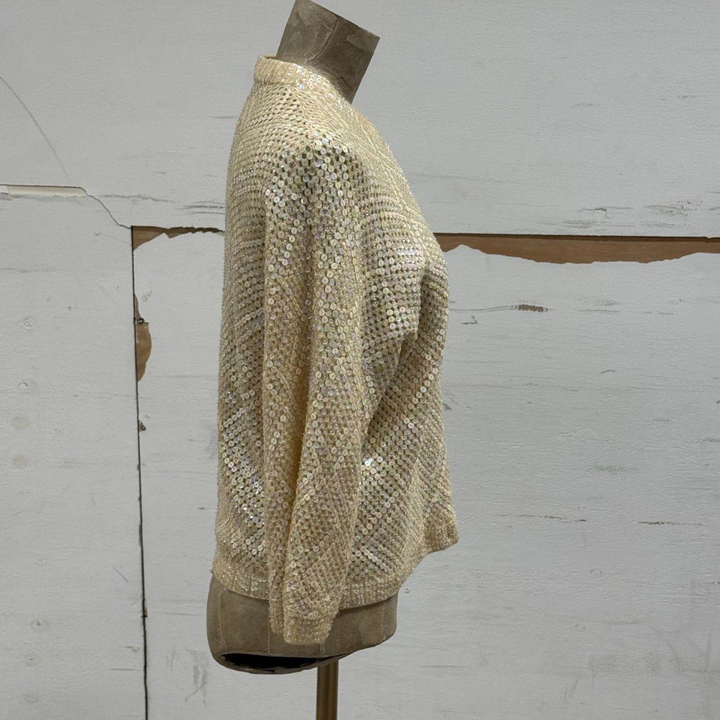 50s 60s Vintage De Vahni Sequined & Beaded Cream Pearlescent Wool Cardigan