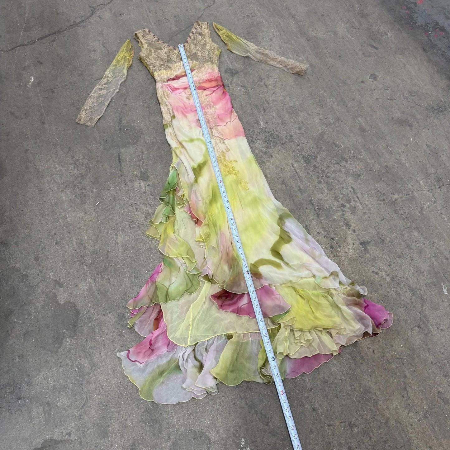 Vintage Y2K European Beaded Silk Lace Ombré Gown Dress Detachable Sleeves