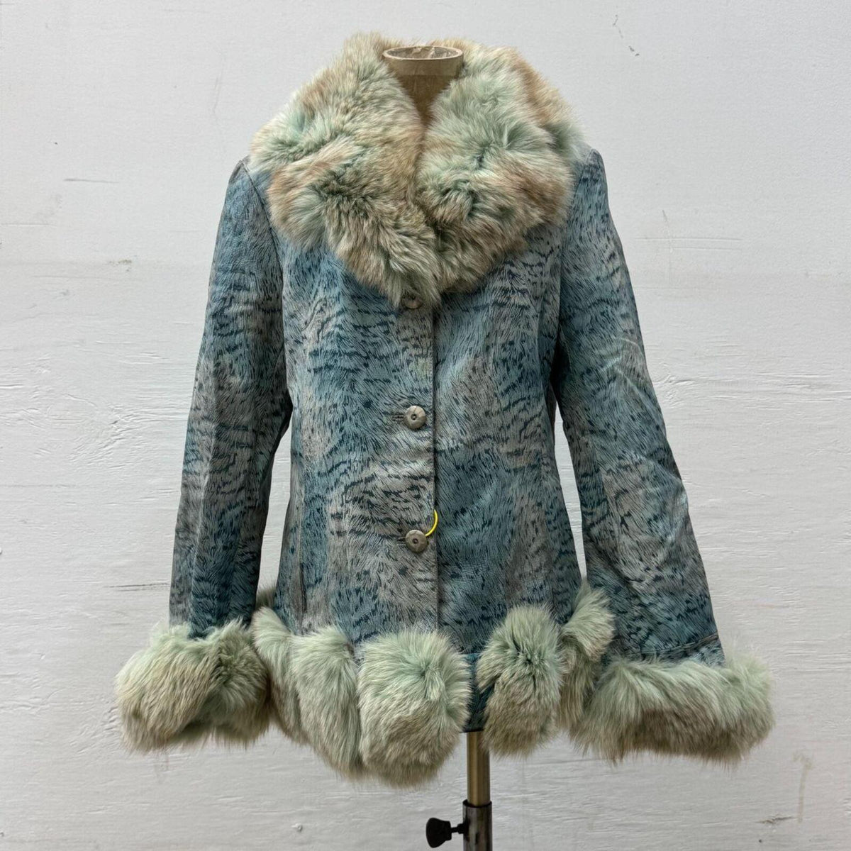 Vintage Y2K Blue Seafoam Fox Fur & Leather Jacket Coat