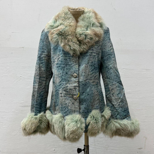 Vintage Y2K Blue Seafoam Fox Fur & Leather Jacket Coat