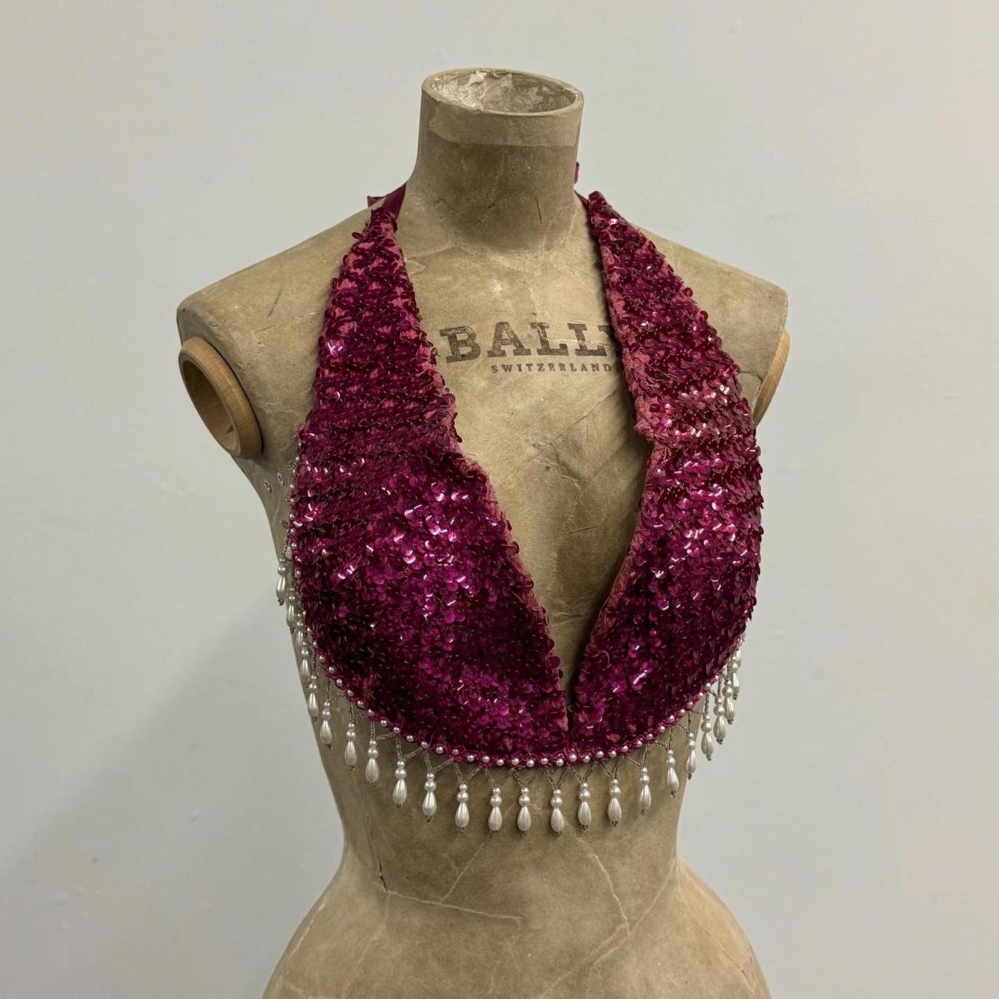 Vintage Showgirl Magenta Sequin Halter Bra Top