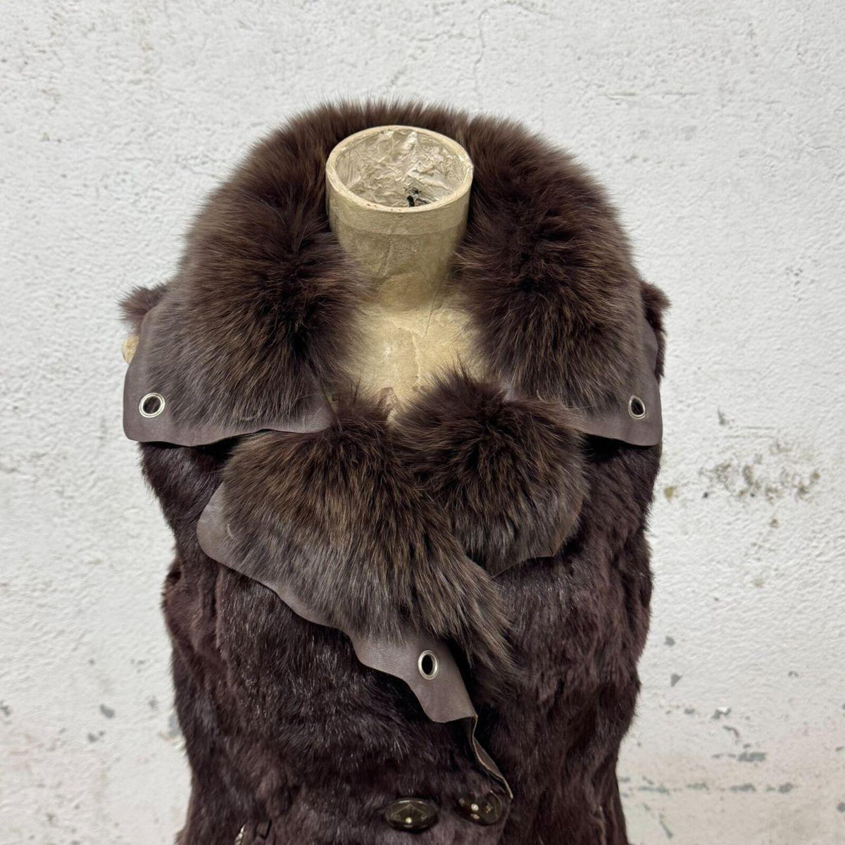 Vintage Chocolate Brown Rabbit Fox Fur & Leather Gilet Vest