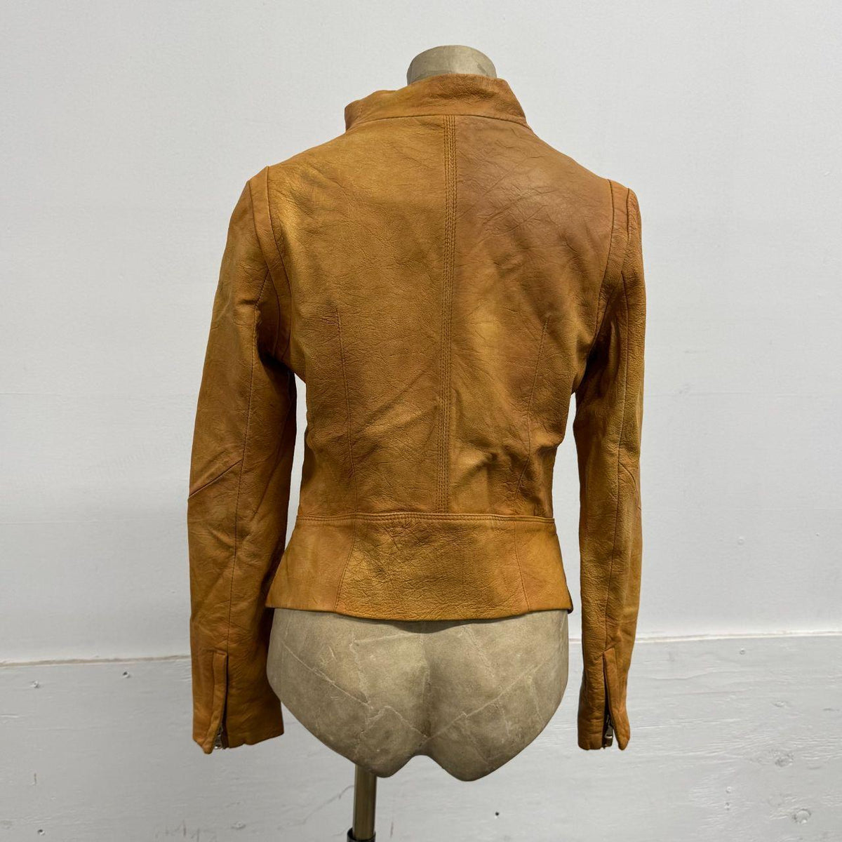 Vintage Tan Funnel Neck Asymmetric Avant Garde Leather Jacket