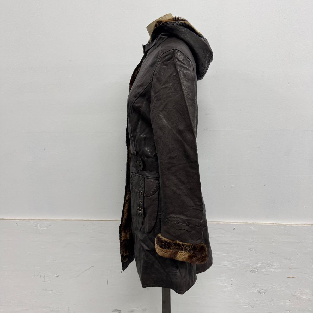 Vintage Brown Lambskin Leather Hooded Trench Coat w Rabbit Fur