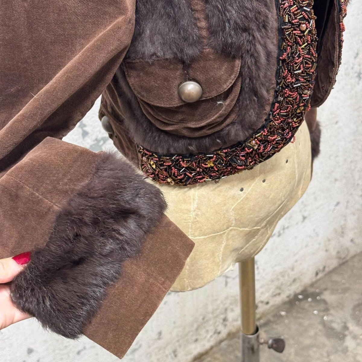 Y2K Vintage Brown Beaded & Rabbit Fur Cropped Bolero Jacket