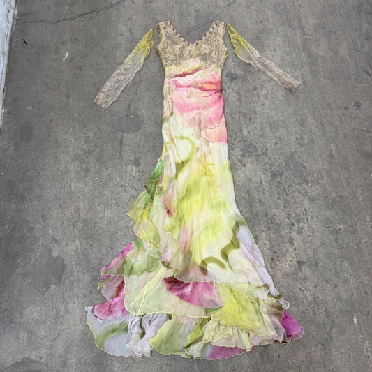 Vintage Y2K European Beaded Silk Lace Ombré Gown Dress Detachable Sleeves