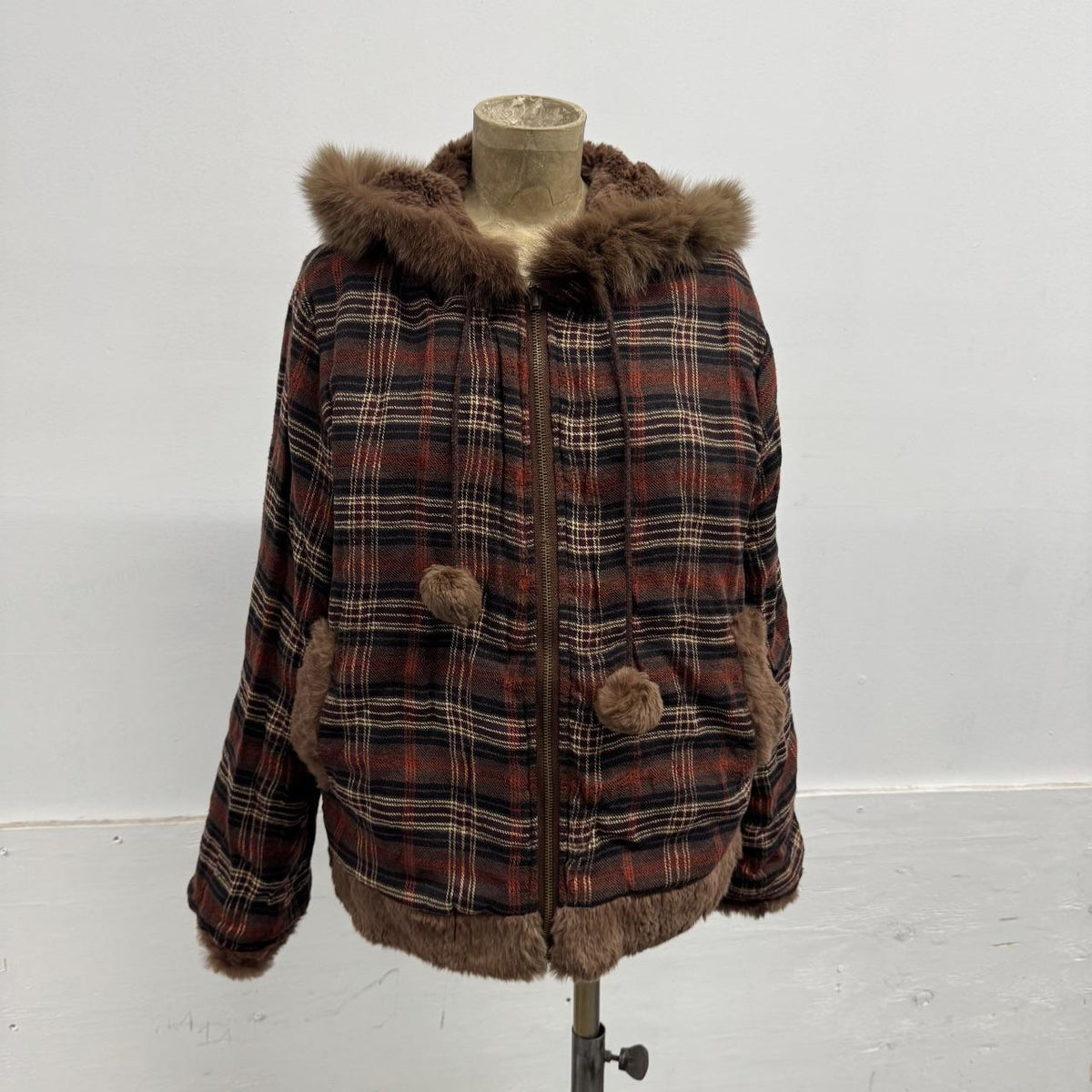 Vintage Y2K Reversible Hooded Brown Rabbit & Fox Fur Jacket Coat