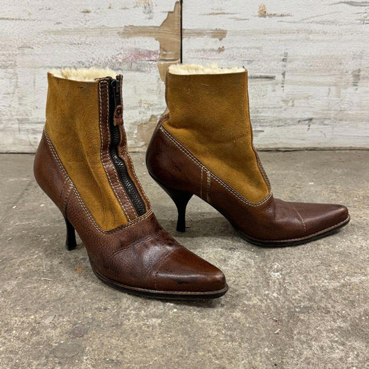 Y2K Vintage Miu Miu Brown Shearling-Lined Leather Booties