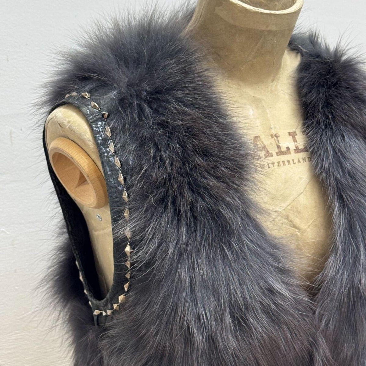 Vintage Charcoal Gray Y2K Studded Fox Fur Statement Vest
