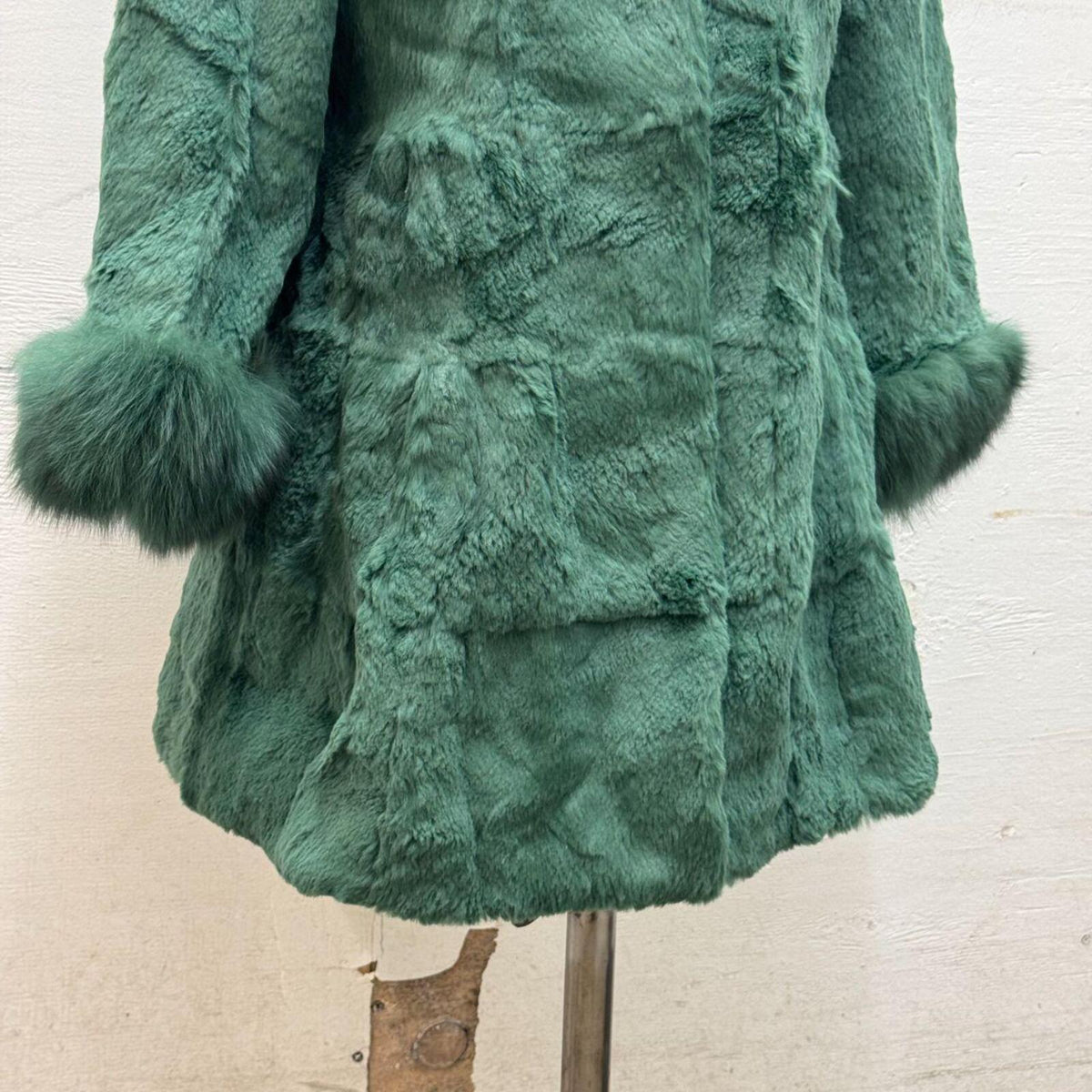 Vintage Green Rabbit & Fox Fur Longline Jacket Coat