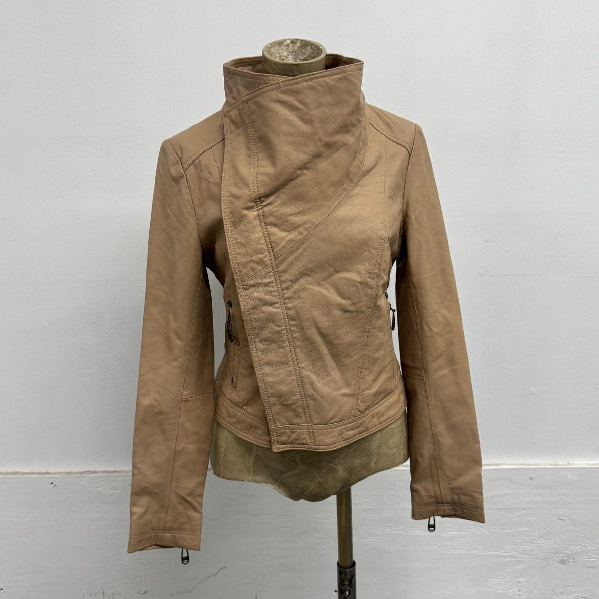 Vintage Tan Funnel Neck Asymmetric Avant Garde Leather Jacket