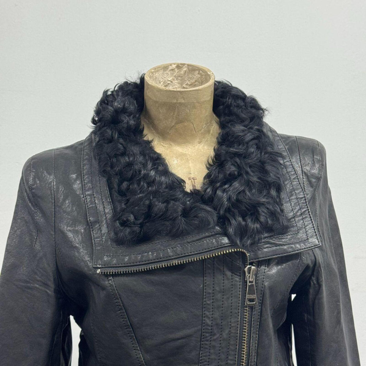 Vintage Black Avant-Garde Lambskin Funnel Neck Moto Jacket