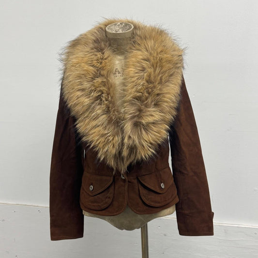 Vintage Folli Follie Italian Brown Suede Leather Jacket w Raccoon Fur Collar