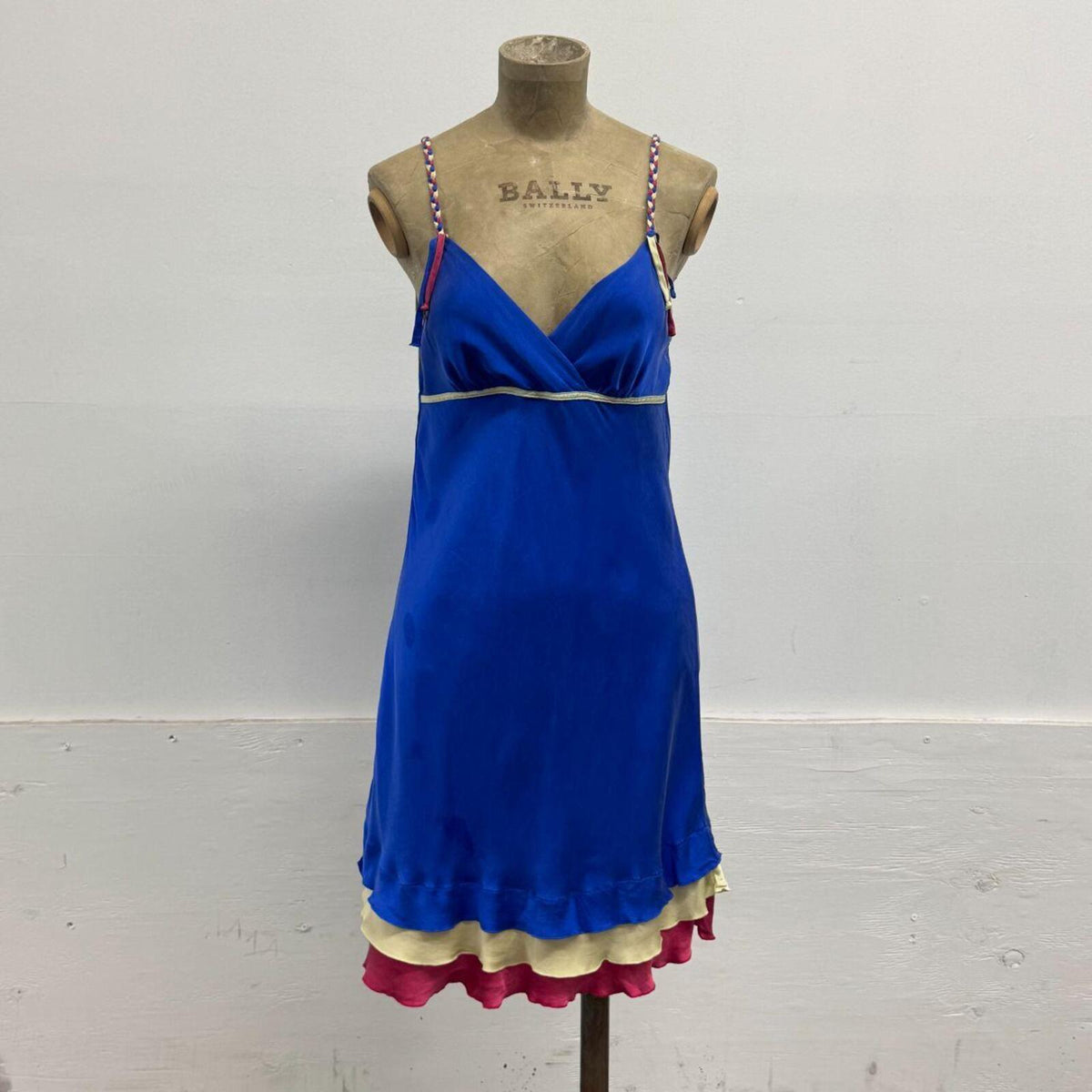Vintage Y2K Cobalt Blue Silk Triple-Tiered Ruffle Slip Dress