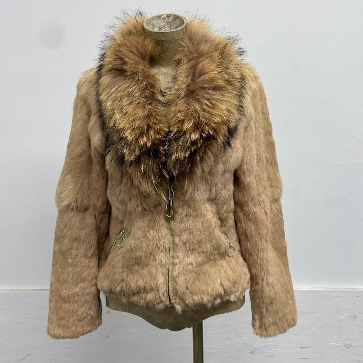 Vintage Y2K Tan Rabbit & Raccoon Fur Jacket Coat
