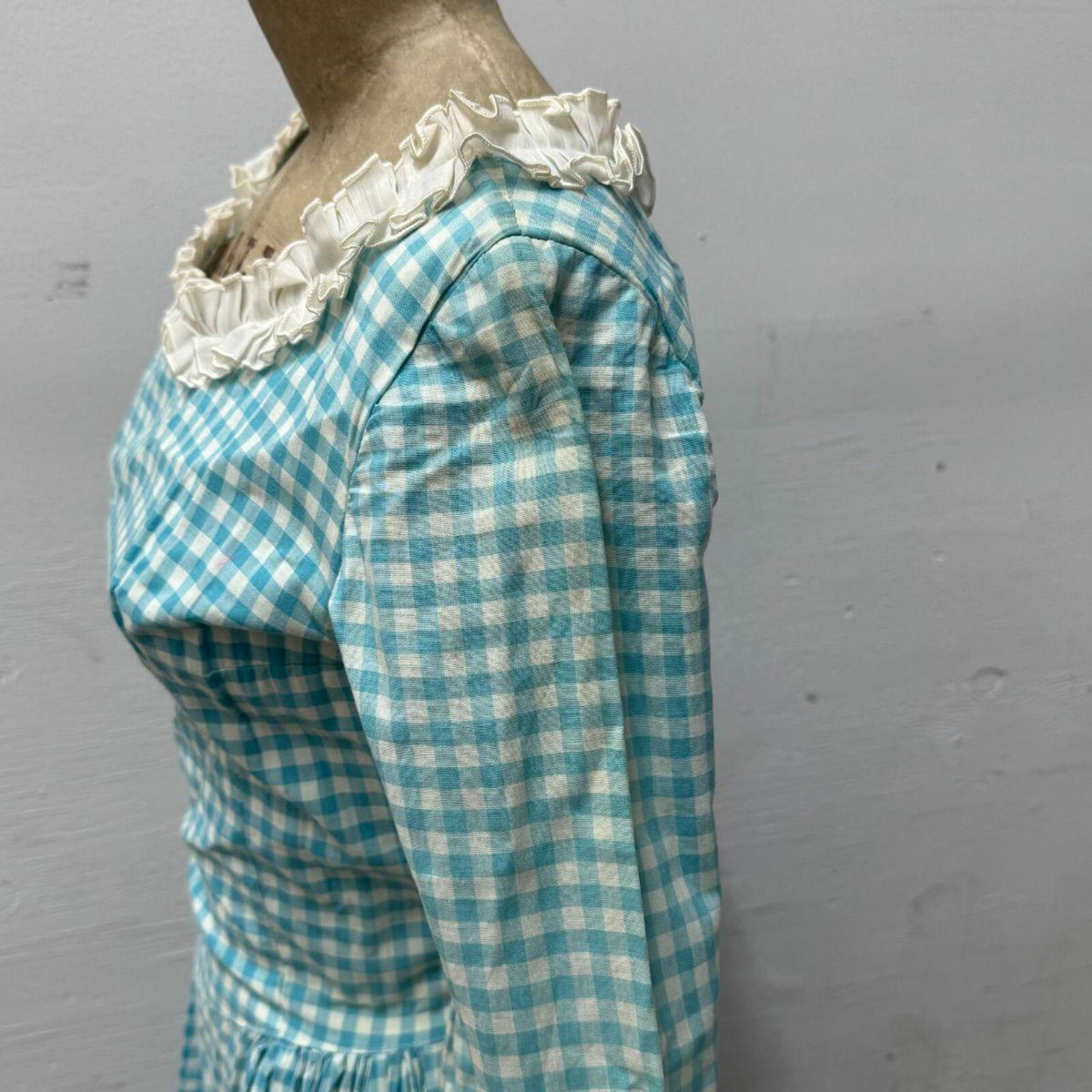 Vintage Film Costume 70s Teal Gingham Prairie Maxi Dress XXS