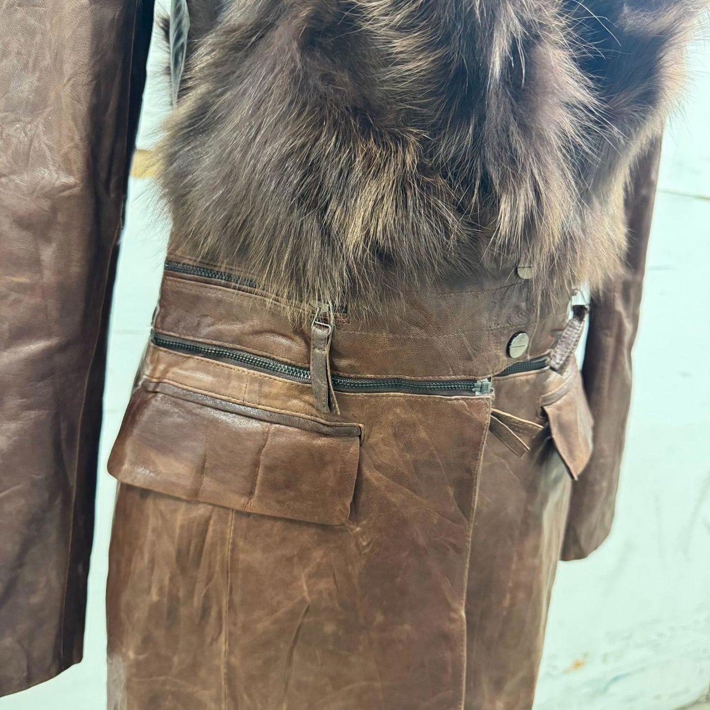 Vintage Brown Leather & Fox Fur Detachable Multi-way Statement Coat