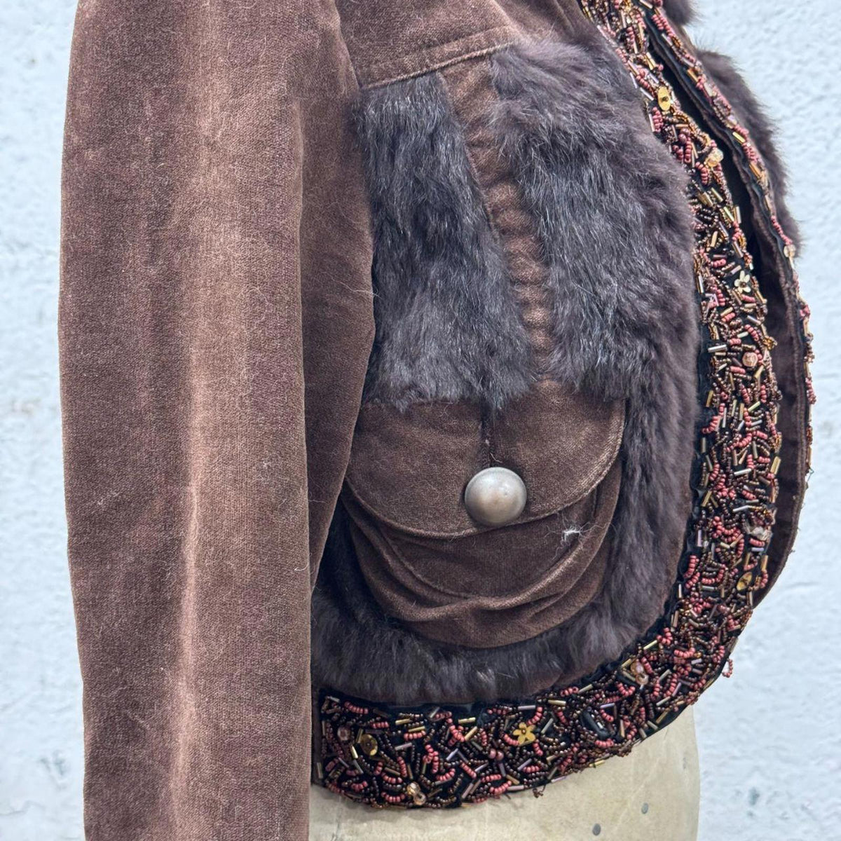 Y2K Vintage Brown Beaded & Rabbit Fur Cropped Bolero Jacket