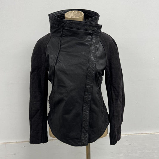 Vintage Black Funnel Neck Asymmetric Avant Garde Leather Jacket