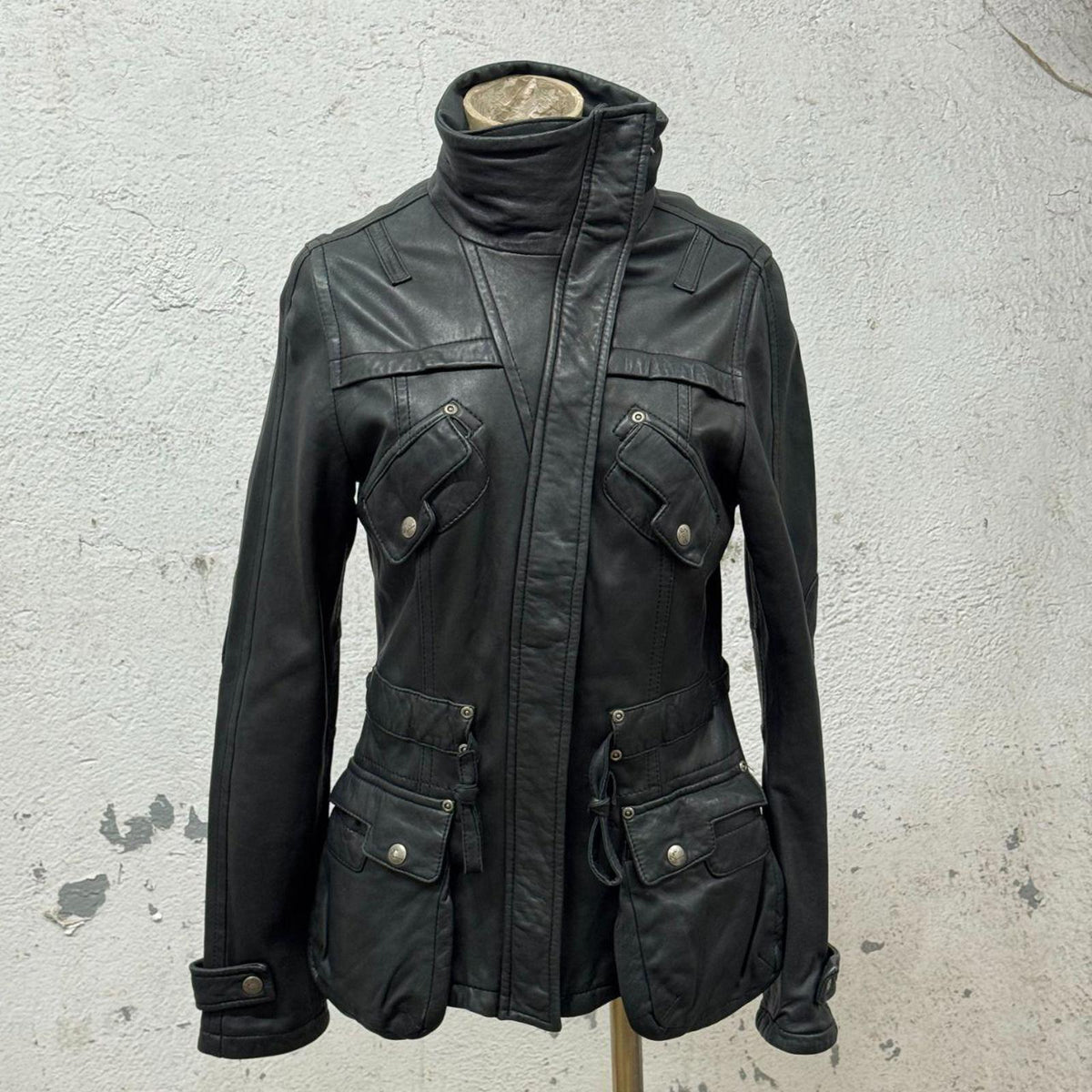 Vintage Technical "Cyber-Cargo" Funnel Neck Genuine Leather Jacket Black