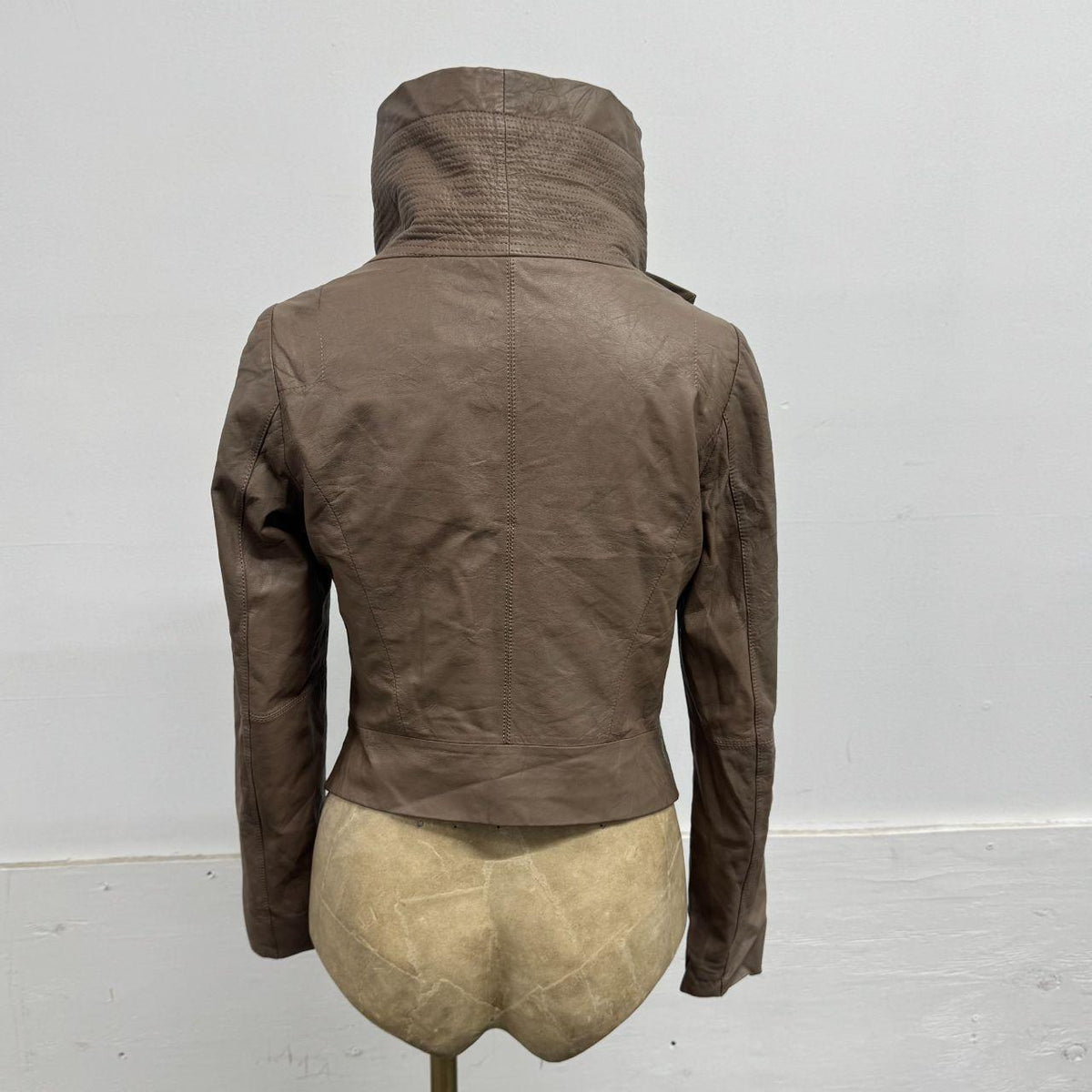 Vintage Brown Funnel Neck Asymmetric Avant Garde Leather Jacket