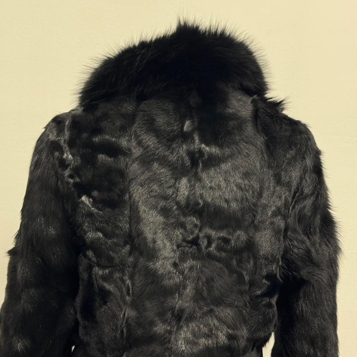 Vintage Y2K Jet Black Real Fox Rabbit Fur Leather Belted Jacket Coat