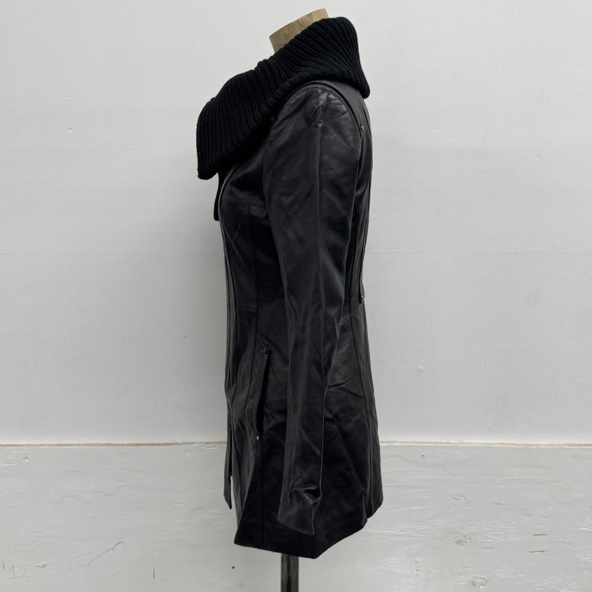 Vintage Black Knit Funnel Neck Longline Avant Garde Leather Jacket