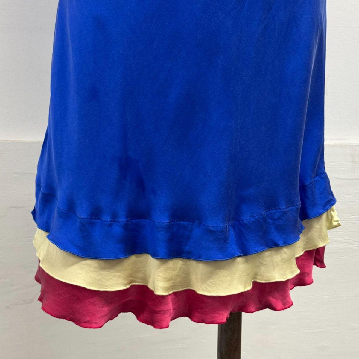 Vintage Y2K Cobalt Blue Silk Triple-Tiered Ruffle Slip Dress