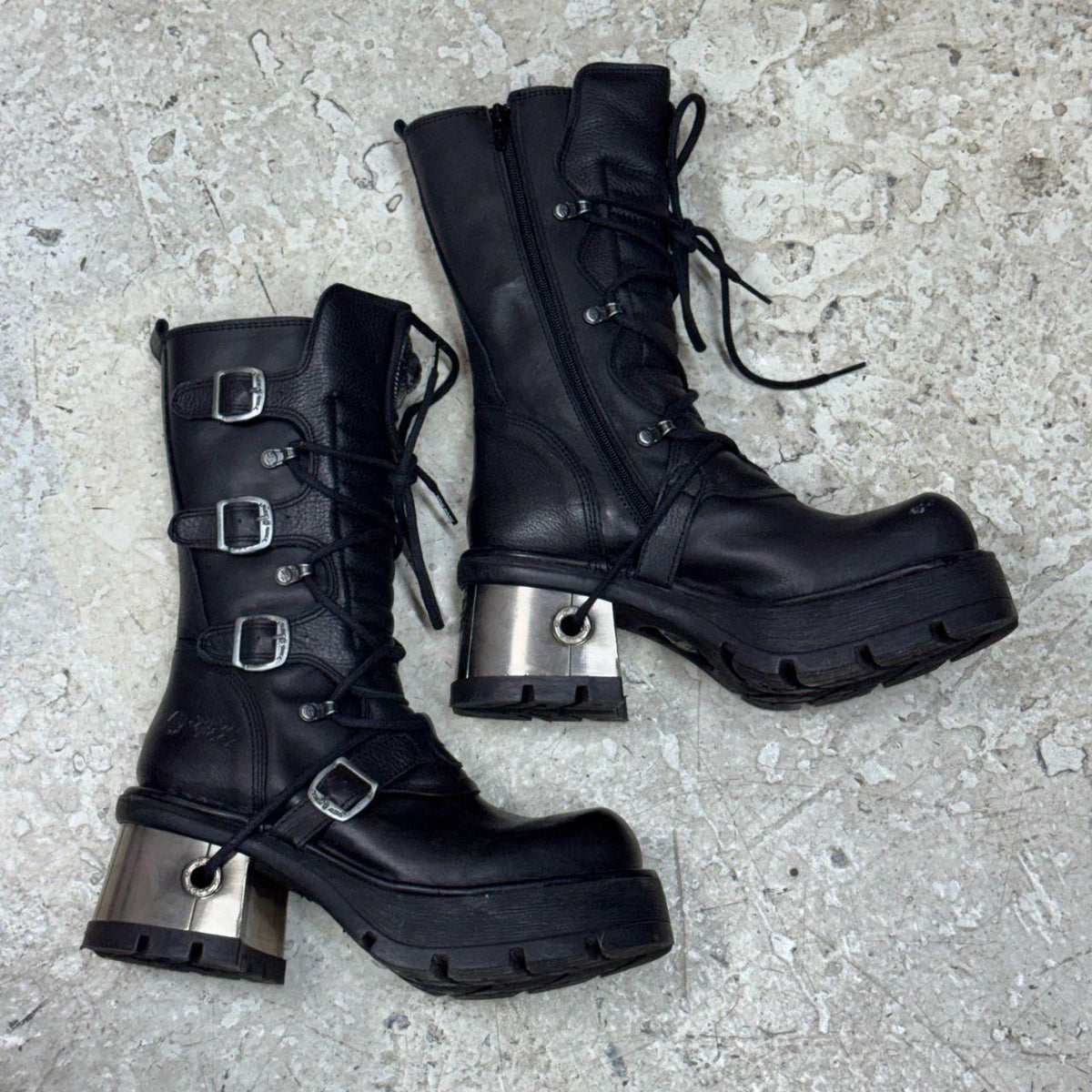 NWT New Rock Black Leather Metal Block Heel Buckle Platform Boots