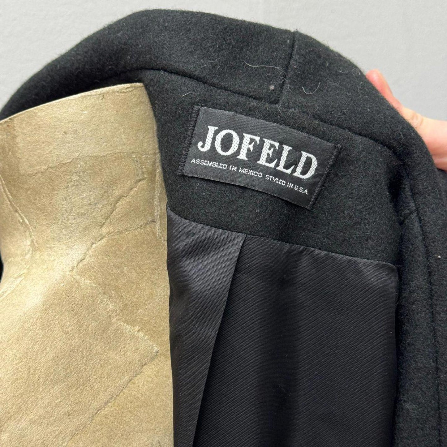 80s Vintage Jofeld Velvet-Trimmed Black Wool Overcoat
