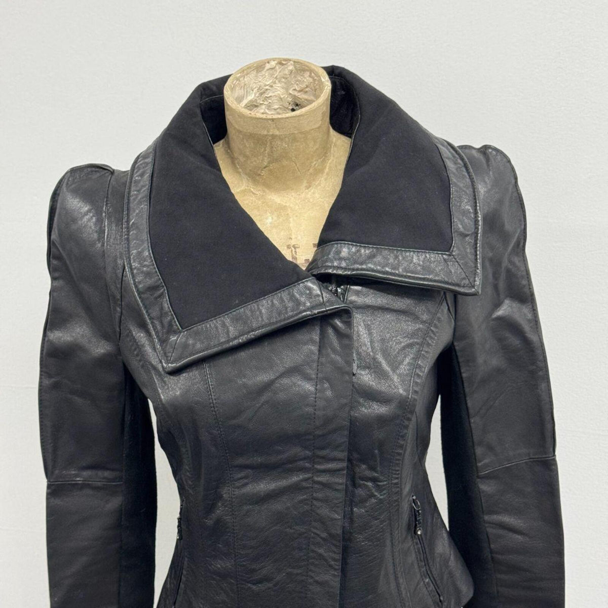 Vintage Black Big Collar Y2K 2010s Avant Garde Leather Jacket