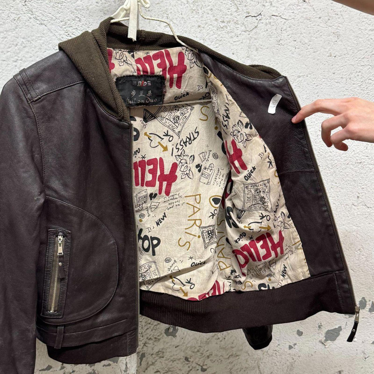 Vintage Y2K Knit Hooded Genuine Leather Bomber Brown
