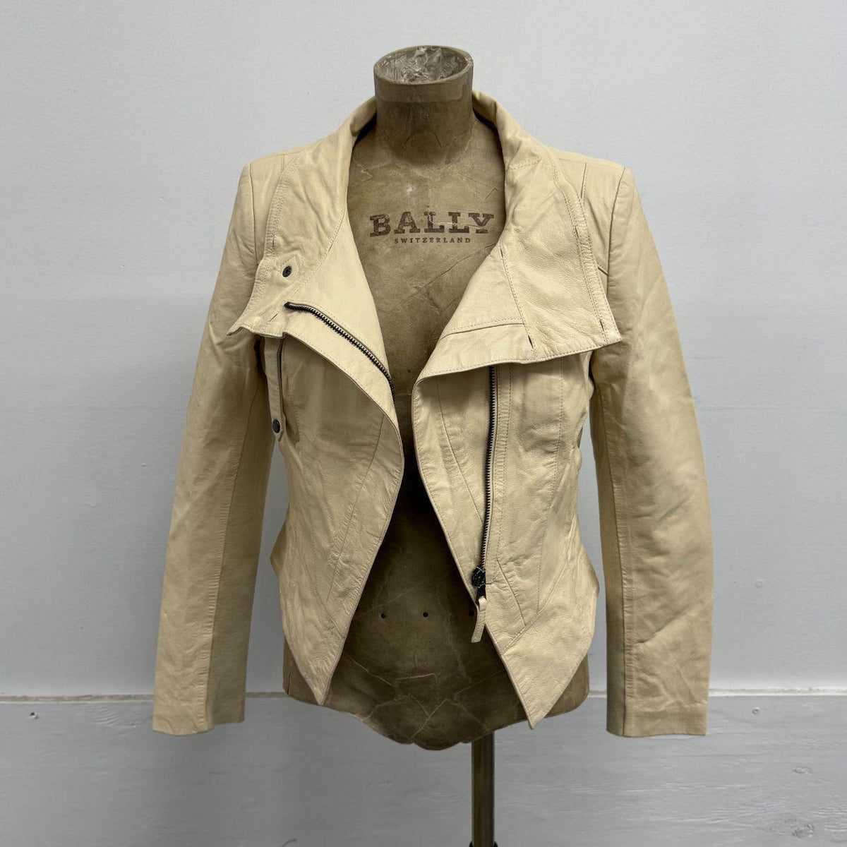 Vintage Cream Funnel Neck Asymmetric Avant Garde Leather Jacket