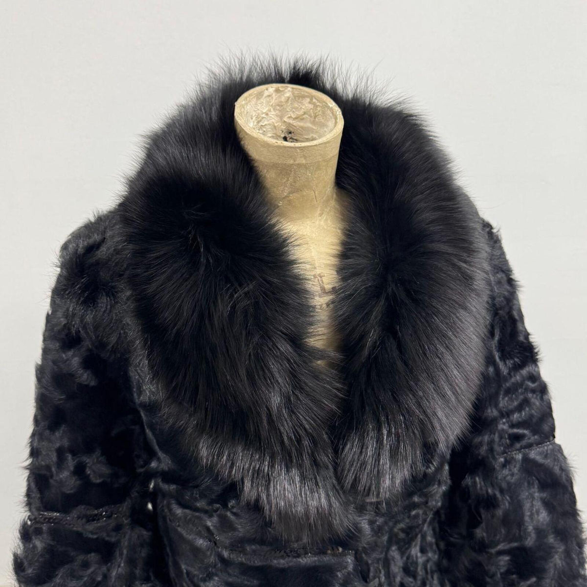 Vintage Black Sheepskin Wool & Fox Fur Coat