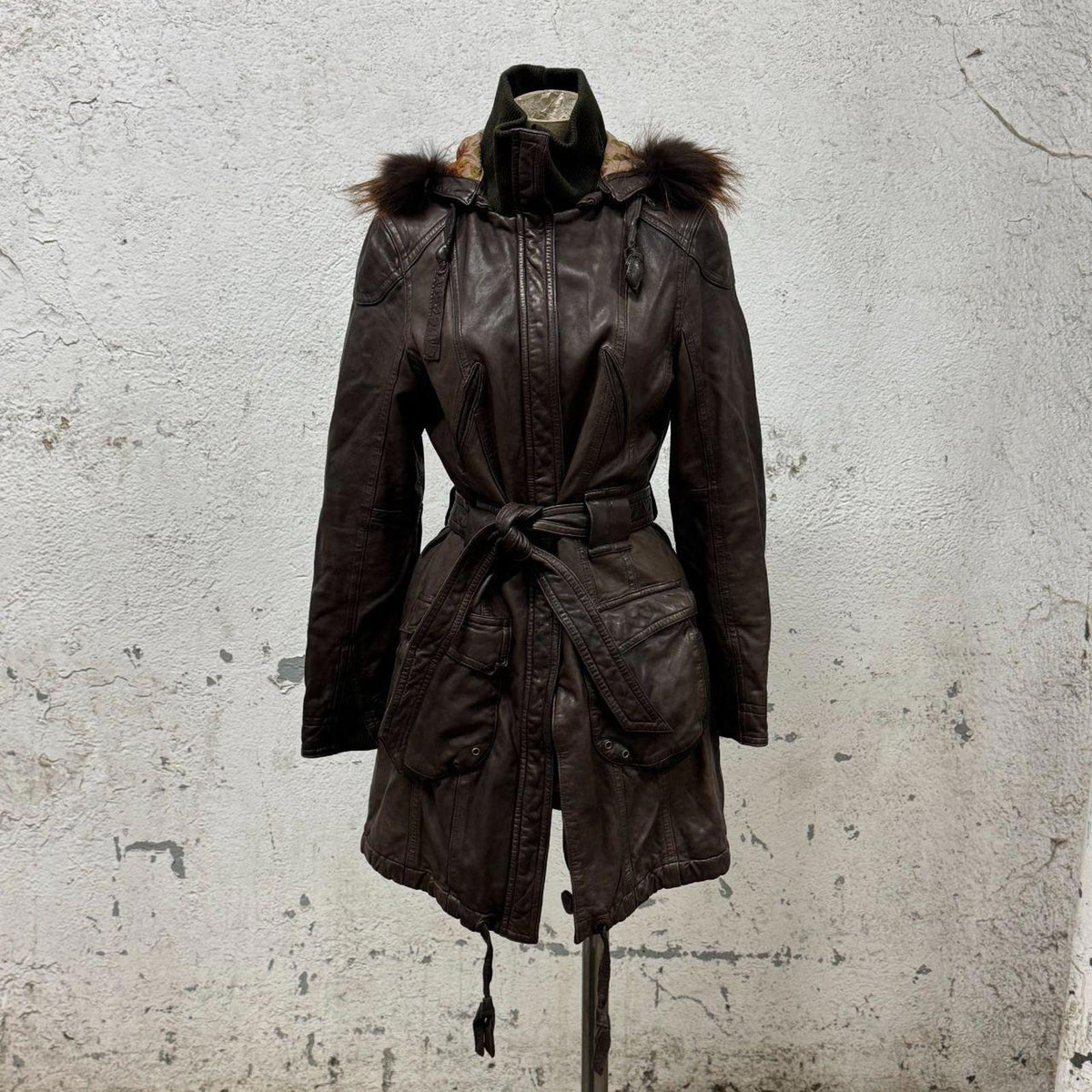 Vintage Y2K Genuine Fur-Trimmed Leather Longline Parka Coat Brown