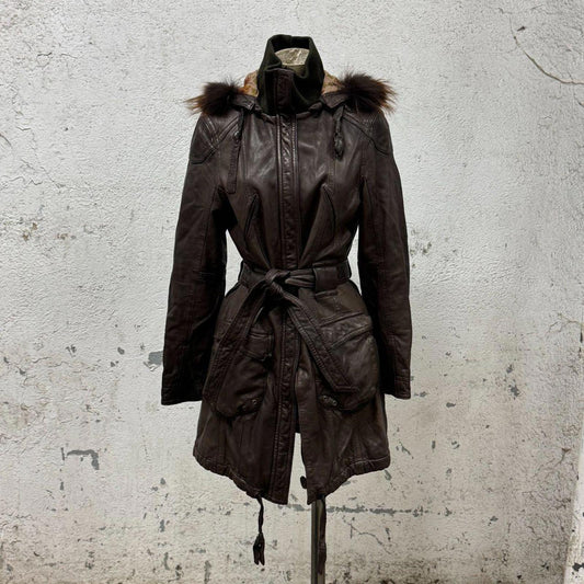 Vintage Y2K Genuine Fur-Trimmed Leather Longline Parka Coat Brown