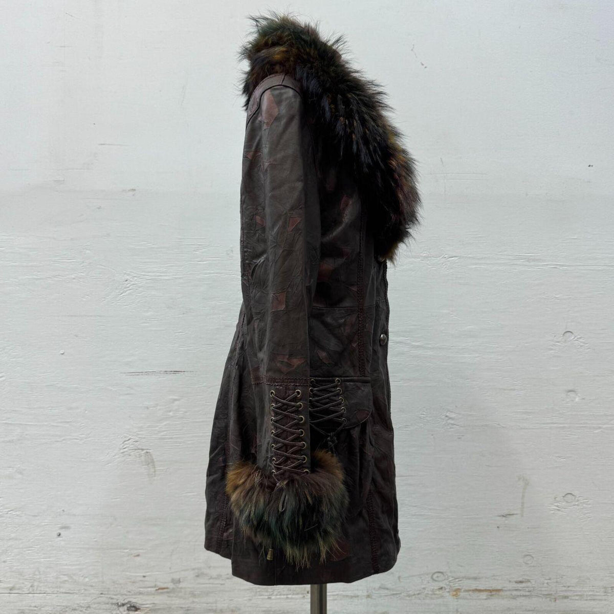 Vintage Y2K Brown Rainbow-Highlight Raccoon & Leather Coat