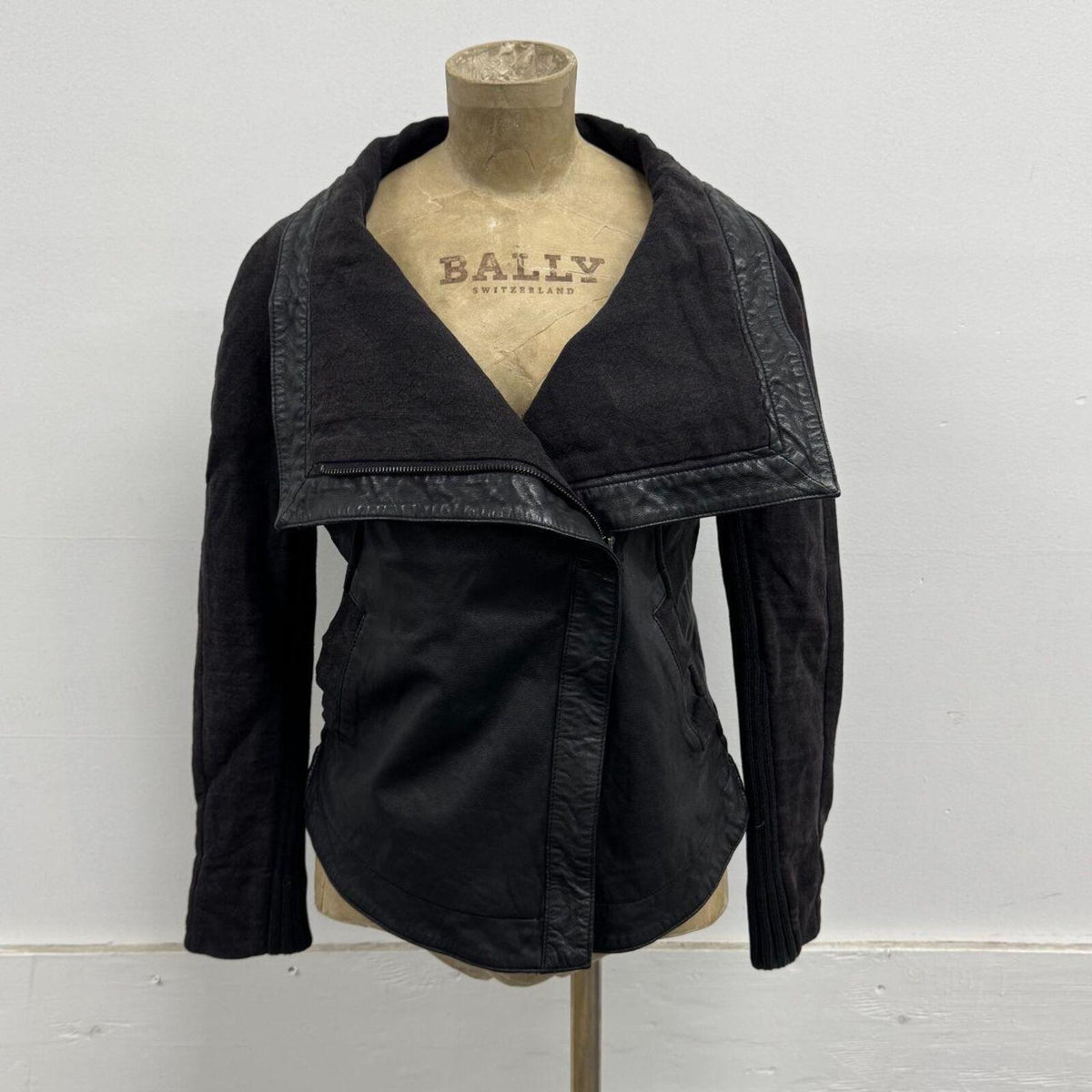 Vintage Black Funnel Neck Asymmetric Avant Garde Leather Jacket