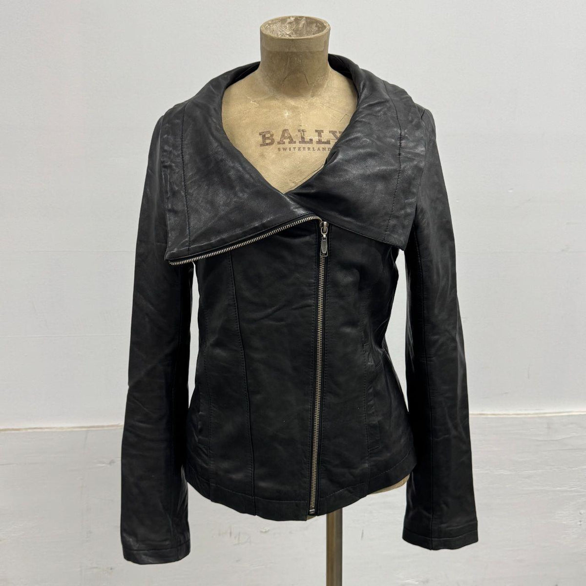 Vintage Black Big Collar Asymmetric Avant Garde Leather Jacket