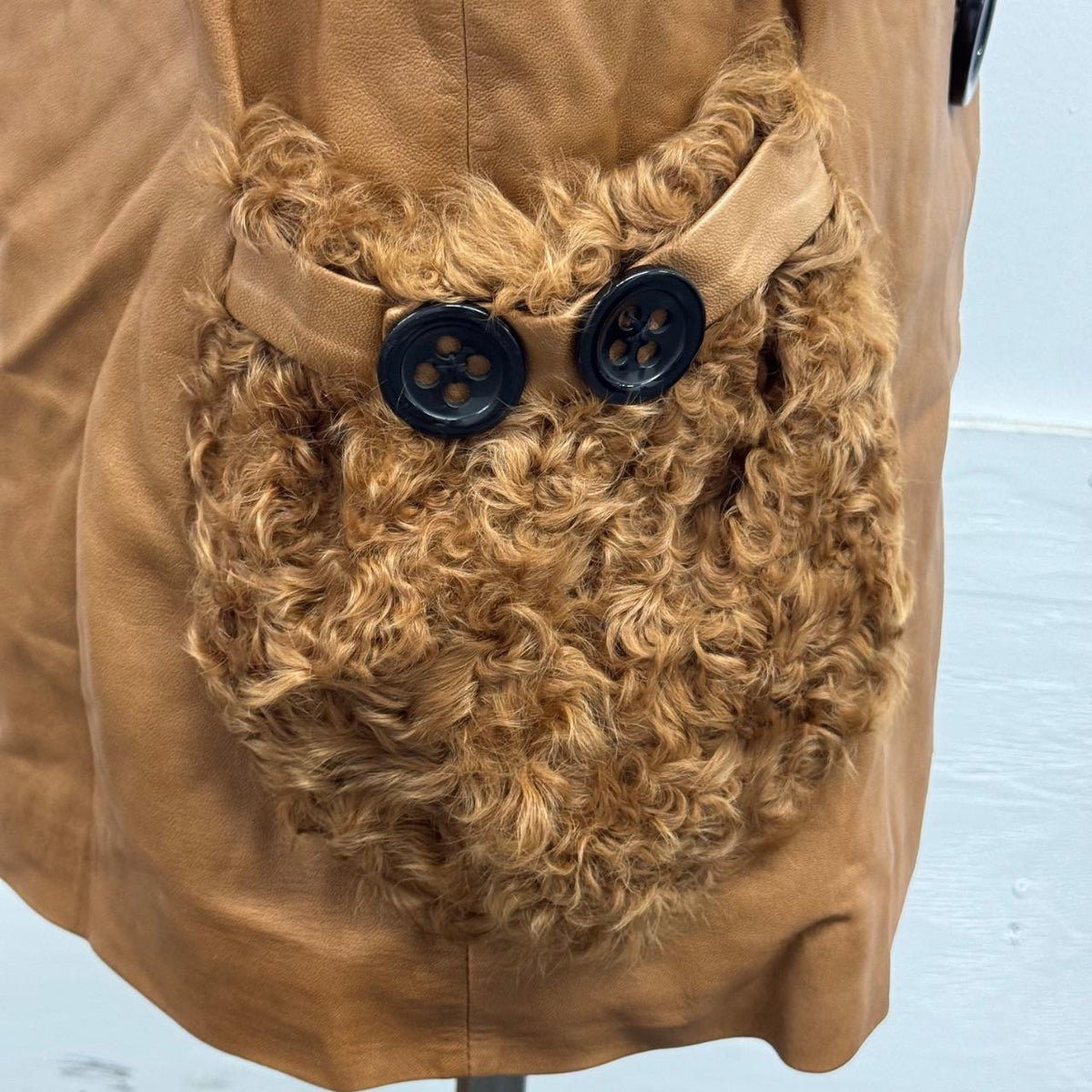 Vintage Camel Tan Leather Shearling Mod Swing Coat w Oversized Buttons