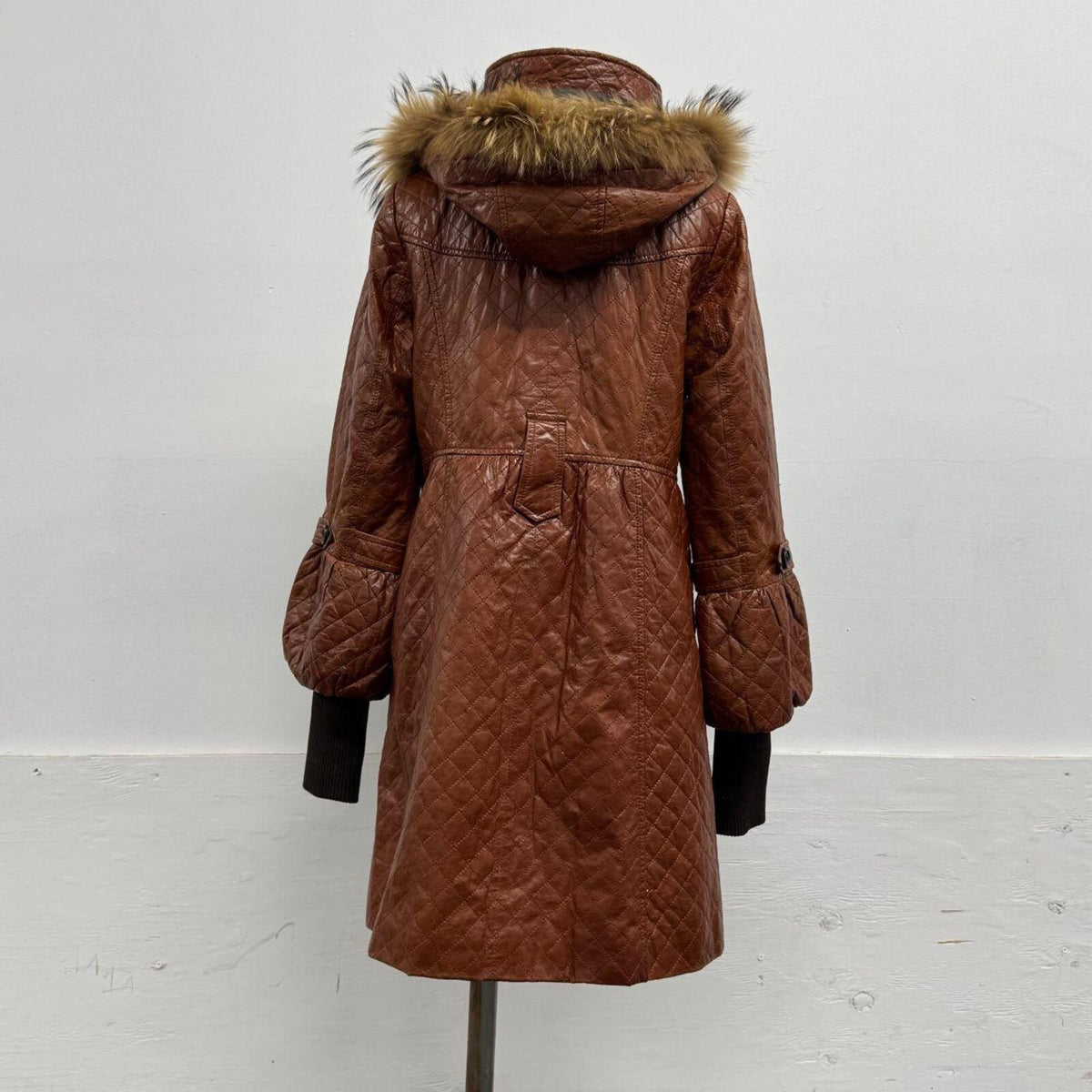 Vintage Cognac Brown Longline Detachable Hood Quilted Leather Jacket