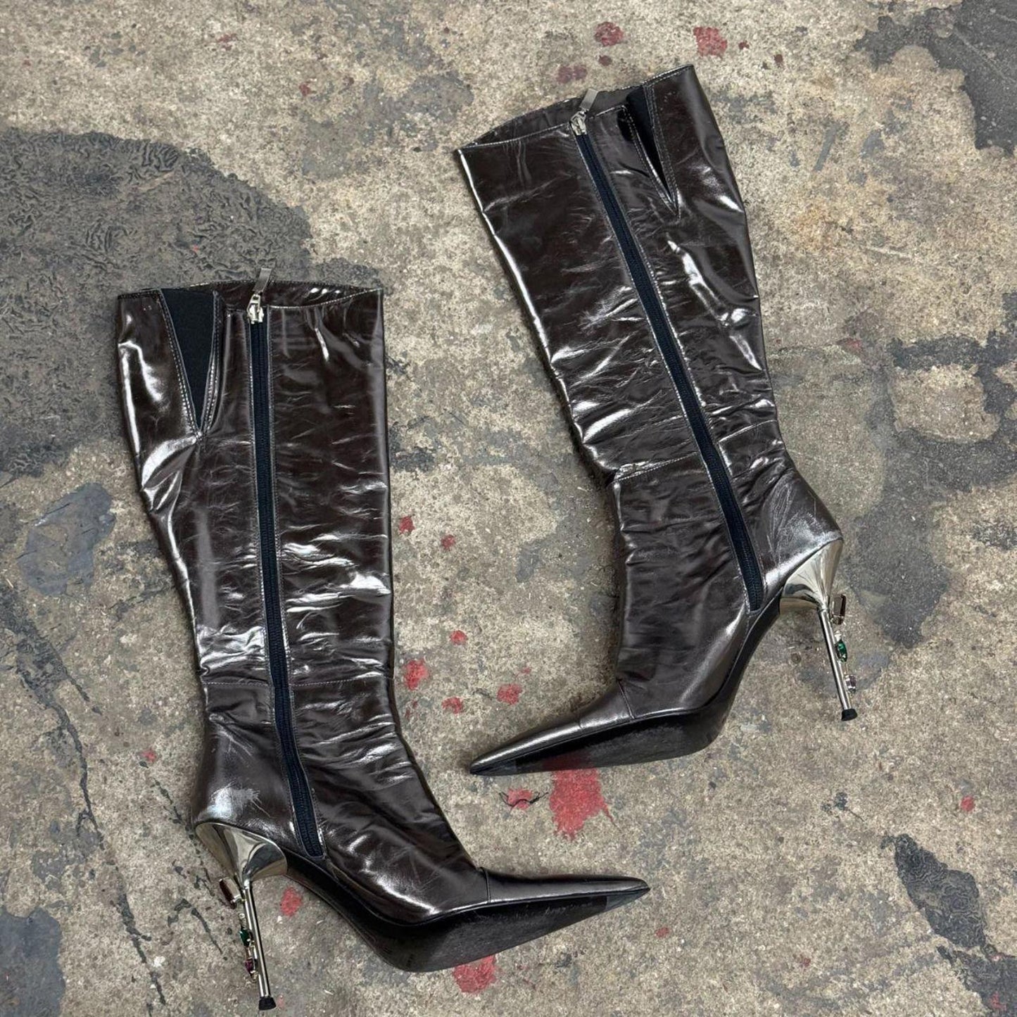 Y2K Vintage Archival Cesare Paciotti Jeweled Silver Metallic Stiletto Boots