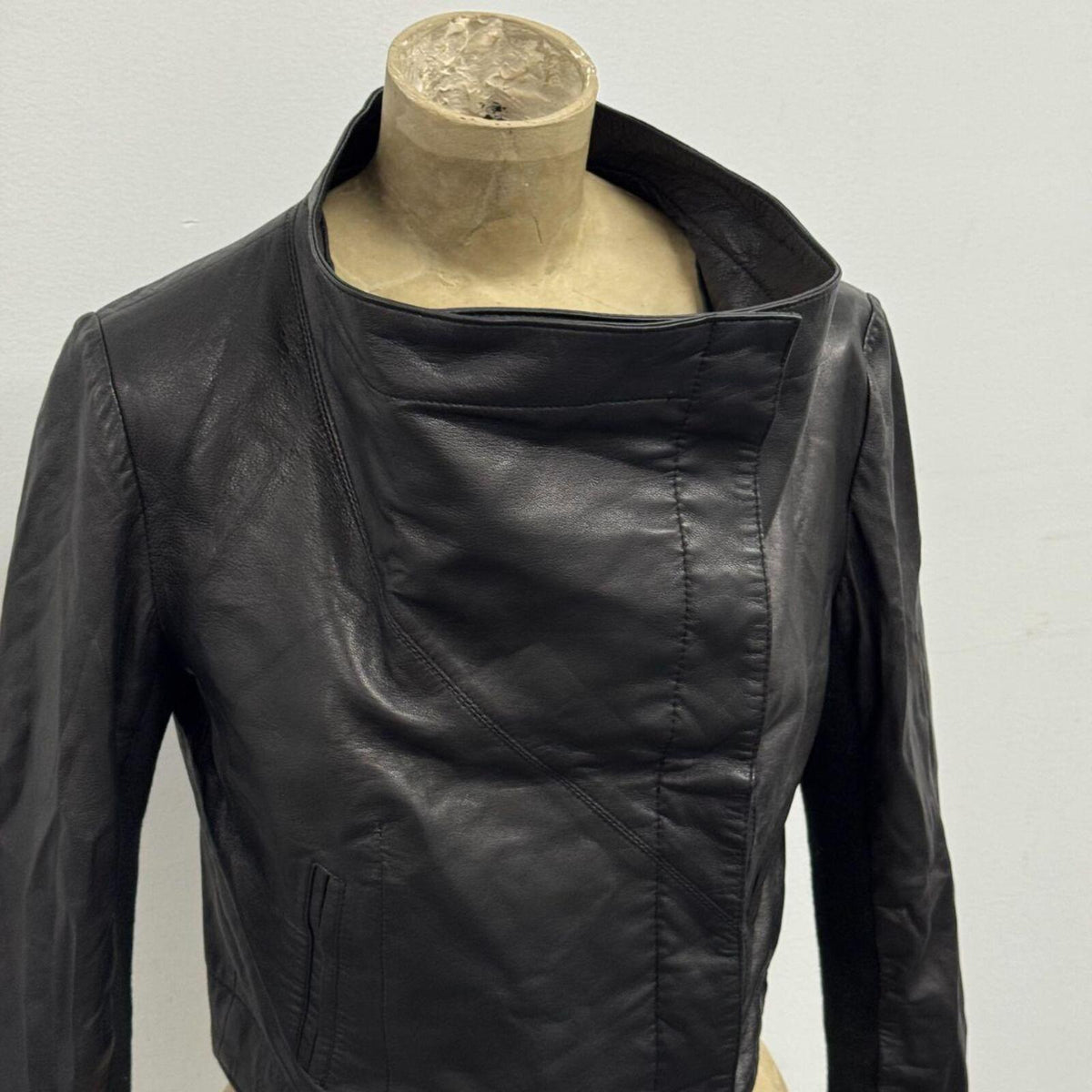 Vintage Black Funnel Neck Asymmetric Crop Avant Garde Leather Jacket