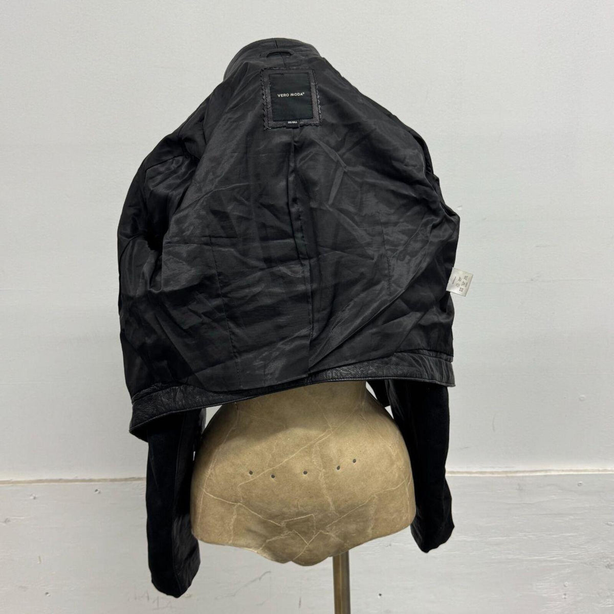 Vintage Crop Black Funnel Neck Asymmetric Avant Garde Leather Jacket